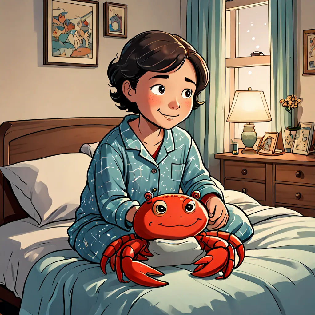 a girl in pajamas holding a crab on a bed in a bedroom with a window and a lamp on, lyco art, a storybook illustration, Cliff Childs, storybook illustration