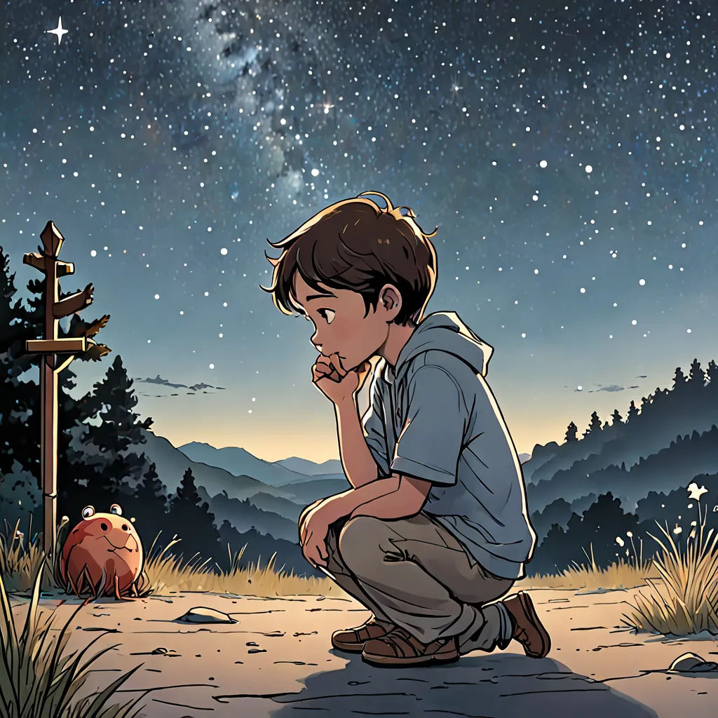 a boy kneeling down in front of a cross and a star filled sky with stars in the background,, space art, a comic book panel, Asaf Hanuka, yukito kishiro