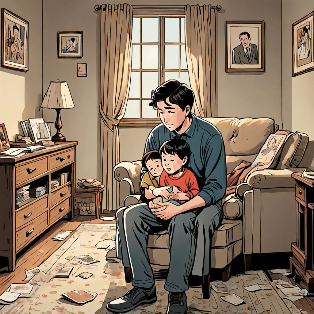 a man sitting on a couch holding a child in his lap while looking at a picture of a man, private press, a comic book panel, David Park, yukito kishiro