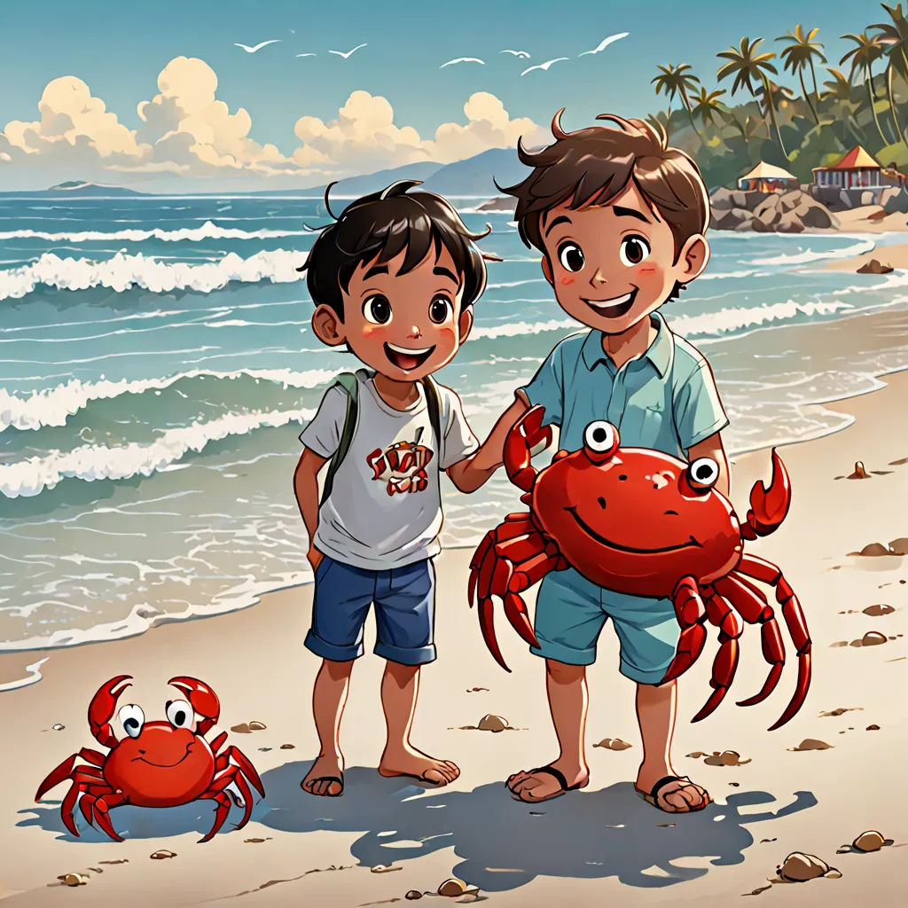 two children on the beach with a crab and a crab in front of them, with a beach in the background, sots art, a storybook illustration, Diego Gisbert Llorens, official art