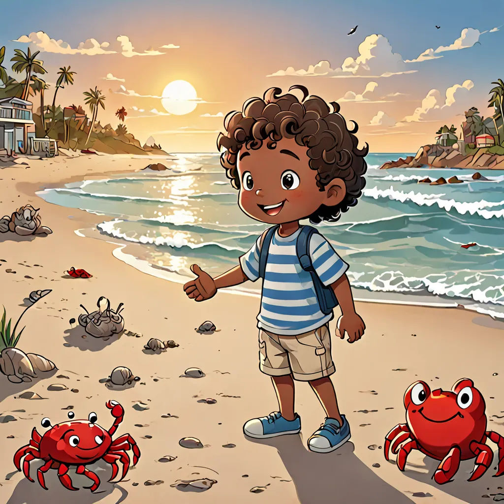 a boy on the beach with crabs and a house in the background with a sunset in the background and a bird flying over the beach, sots art, a storybook illustration, Cliff Childs, key art