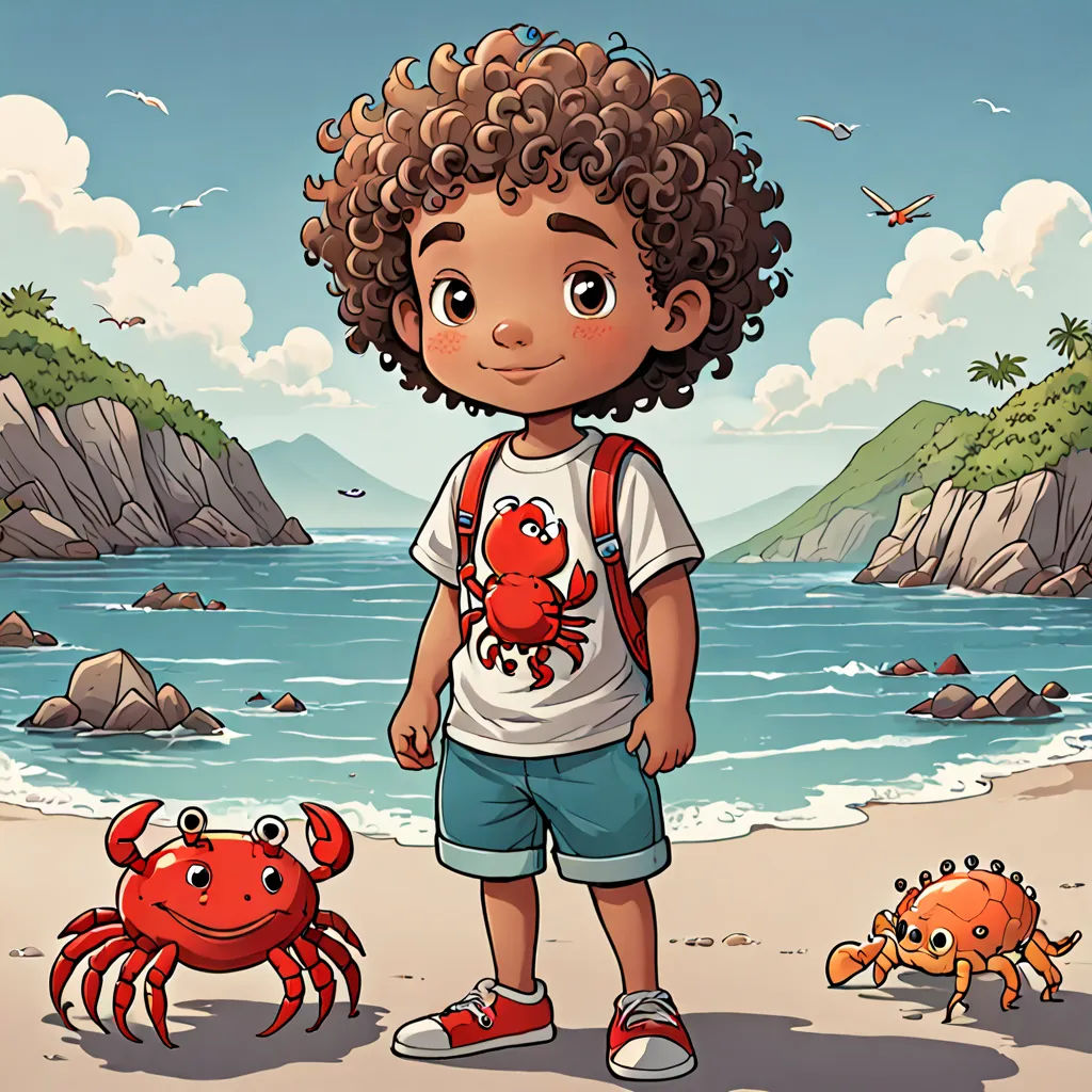 a boy standing on a beach next to a crab and a crabling crabling on the sand near the ocean, lyco art, a character portrait, Cliff Childs, character portrait