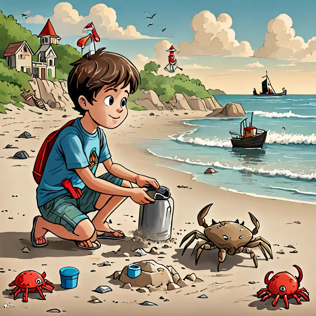a boy is playing with a crab on the beach with a bucket of water and a boat in the background, lyco art, a storybook illustration, Diego Gisbert Llorens, storybook illustration