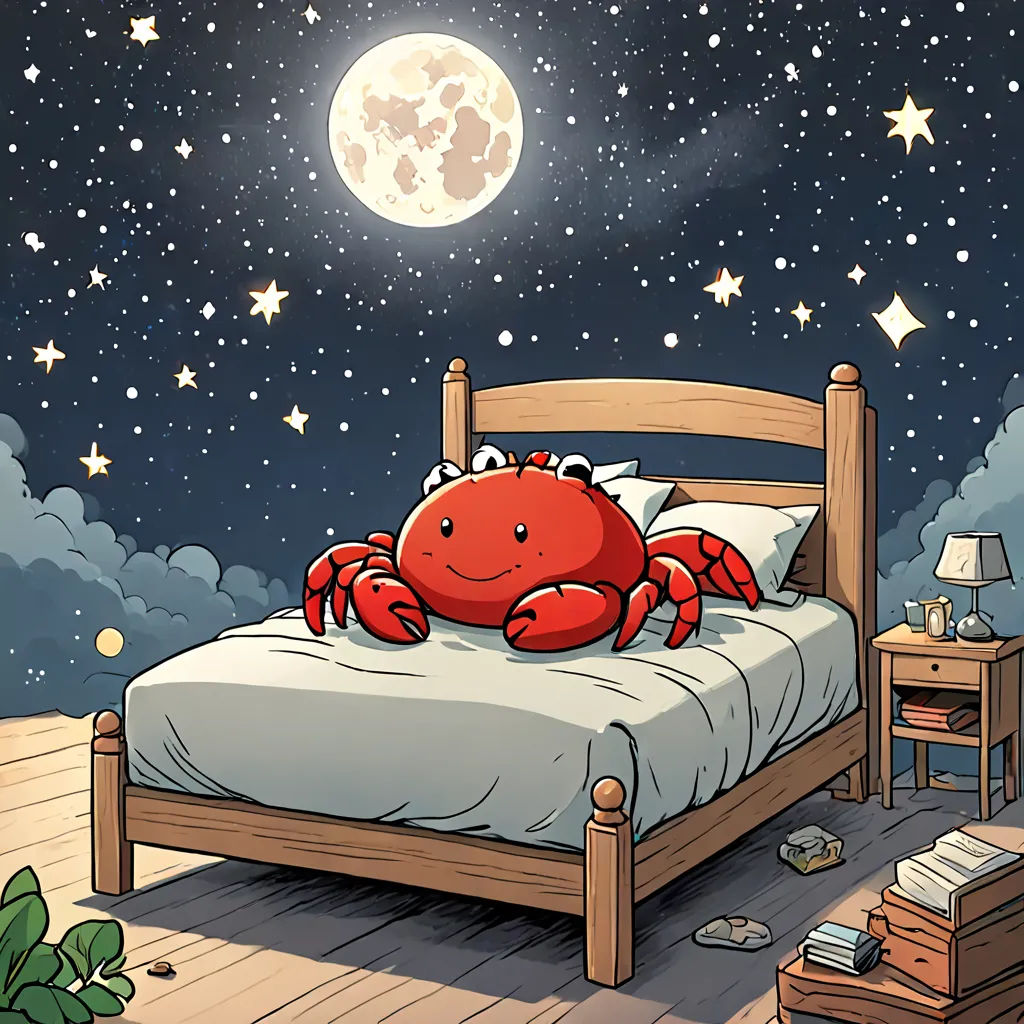 a crab is sitting on a bed in the middle of a night sky with stars and a full moon, pop surrealism, a storybook illustration, Diego Gisbert Llorens, storybook illustration