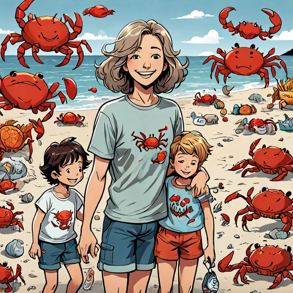 a woman and two children standing on a beach with crabs around them and a man holding a child's arm, environmental art, a storybook illustration, Asaf Hanuka, comic cover art