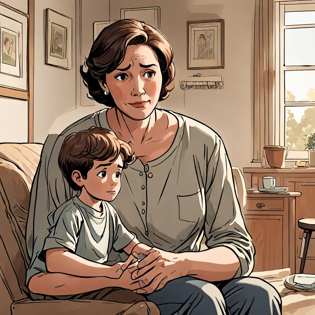 a woman and a child sitting on a couch in a living room with a window behind them and a picture of a woman and a child on the couch, american realism, a comic book panel, Alton Tobey, graphic novel