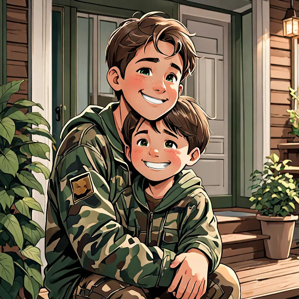 a man and a boy are sitting on a porch together, smiling and hugging each other, with a house in the background, furry art, a storybook illustration, Diego Gisbert Llorens, comic cover art