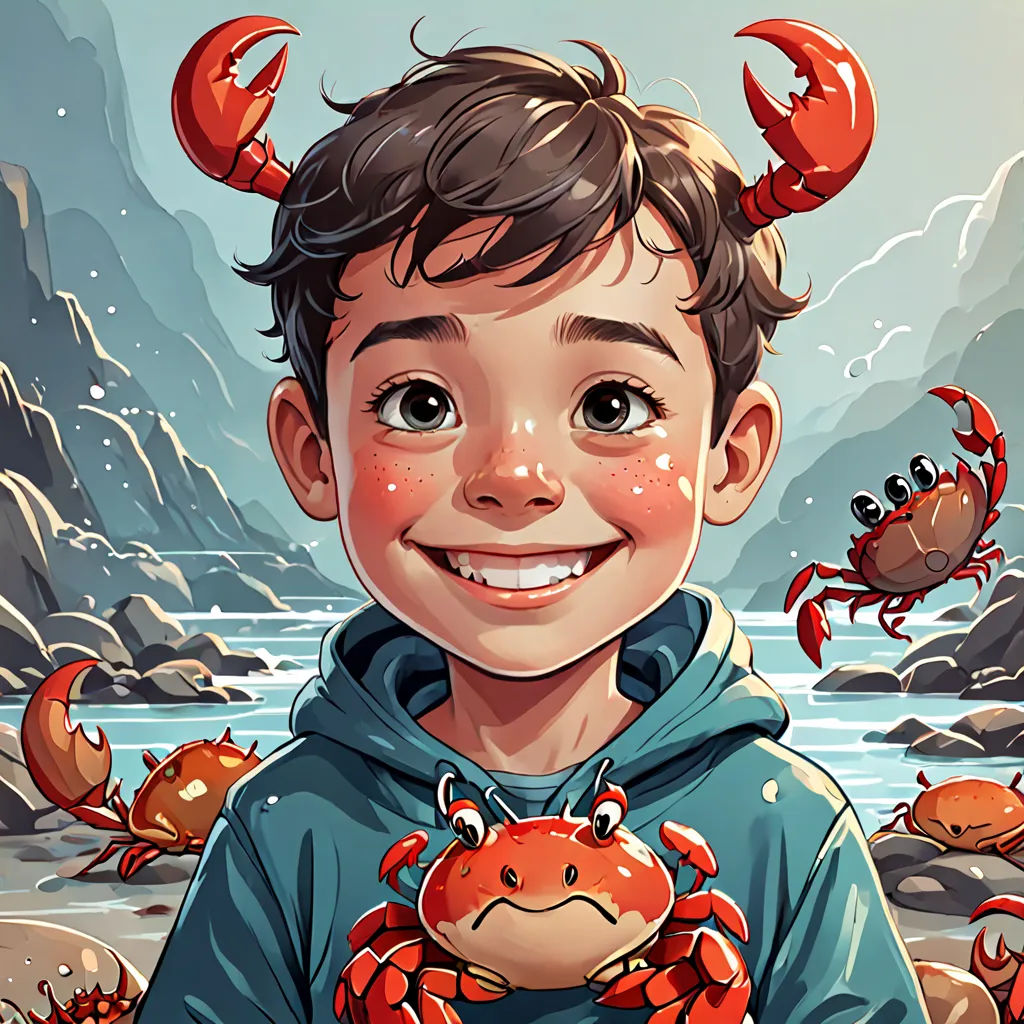 a boy with a crab in his hand and a crab in his hand, in front of a mountain, lyco art, a character portrait, Diego Gisbert Llorens, high detail illustration