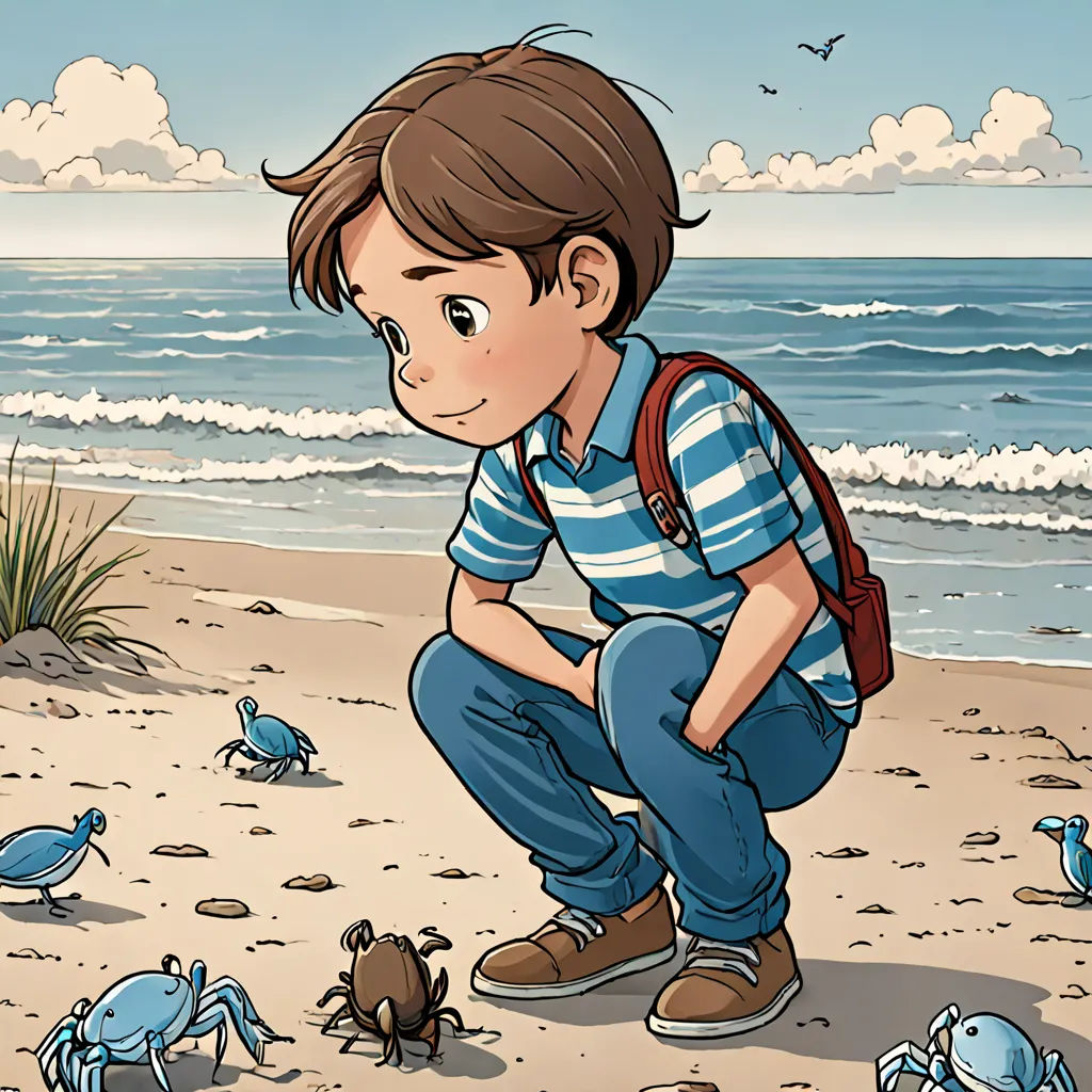 a boy on the beach with a bunch of crabs around him and a crab crawling on the sand behind him, magic realism, a storybook illustration, Diego Gisbert Llorens, yukito kishiro