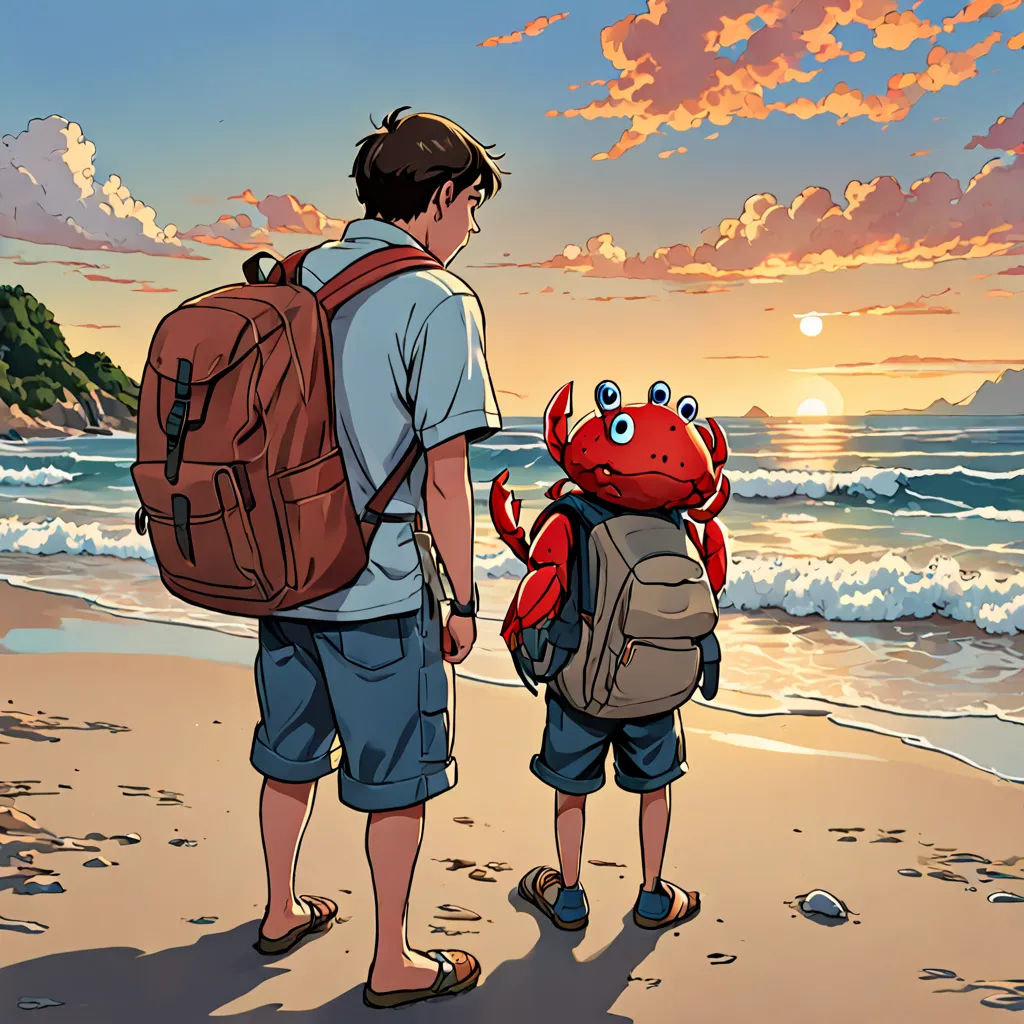 a man and a child are standing on the beach looking at the ocean and the sun is setting behind them, serial art, a comic book panel, Asaf Hanuka, color page