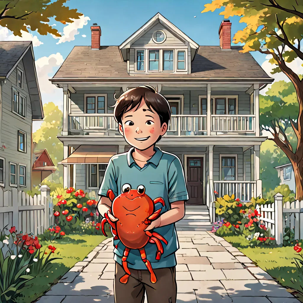 a boy holding a crab in front of a house with a driveway and flowers in front of him and a tree, american scene painting, a storybook illustration, Alvan Fisher, official art