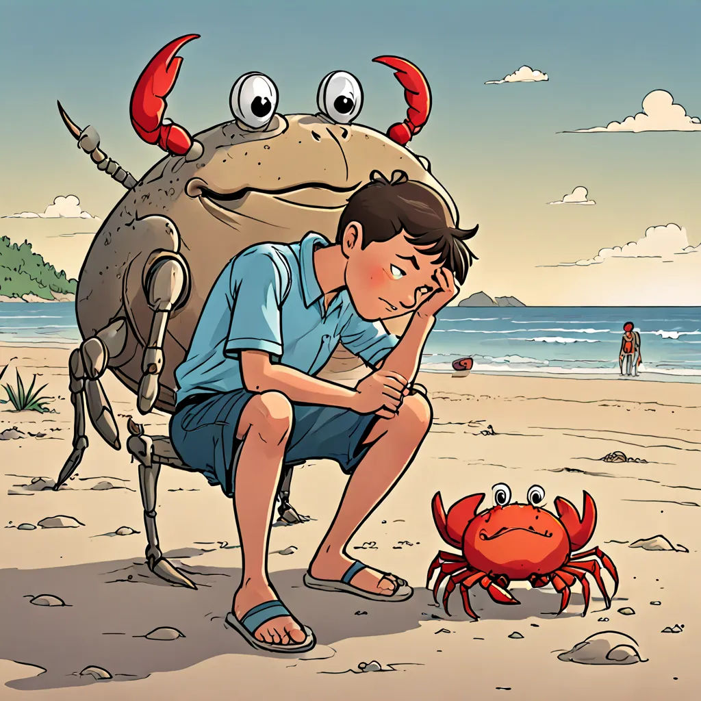 a boy is sitting on the beach with a crab in front of him and a man standing behind him, les automatistes, a storybook illustration, Diego Gisbert Llorens, comic cover art