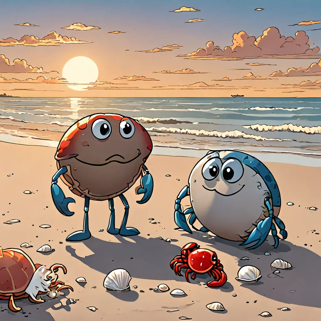 two crabs on a beach with a sunset in the background and a crab on the sand with a shell in the foreground, sots art, a storybook illustration, Craola, official art