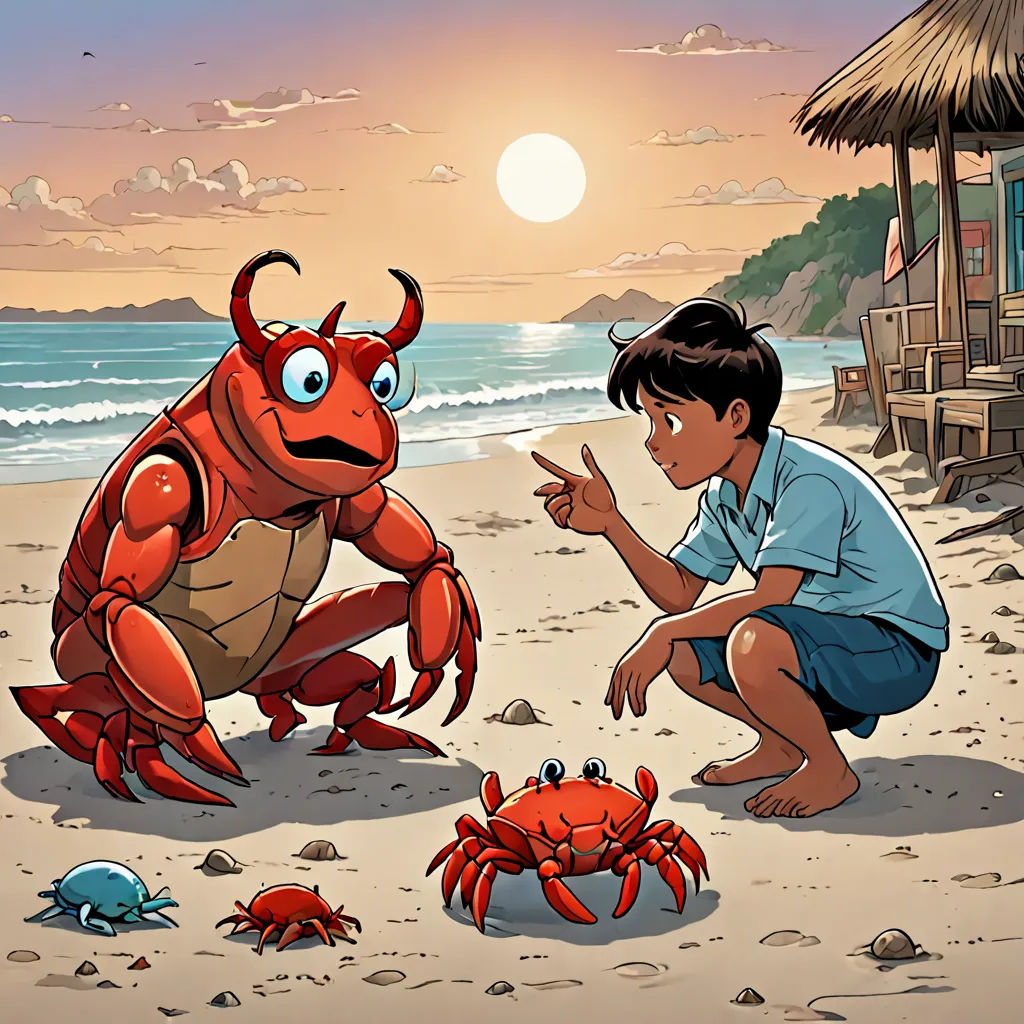 a boy kneeling down next to a crab on a beach near a hut with a thatched roof and a hut with a thatched roof, serial art, a storybook illustration, Asaf Hanuka, comic cover art