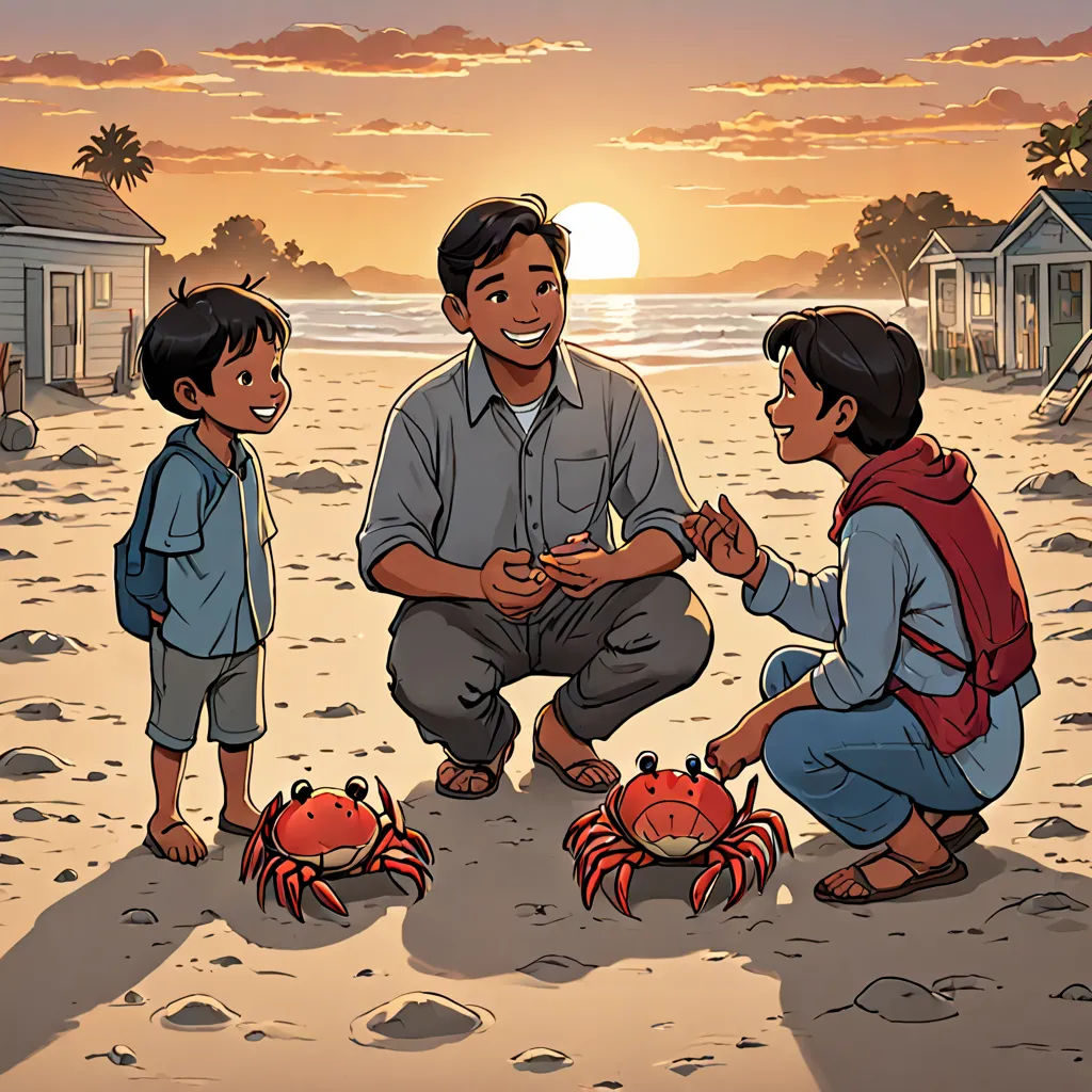 a man kneeling down next to two children on a beach with two crabs in front of him and a man holding a crab, american scene painting, a storybook illustration, Dustin Nguyen, comic cover art
