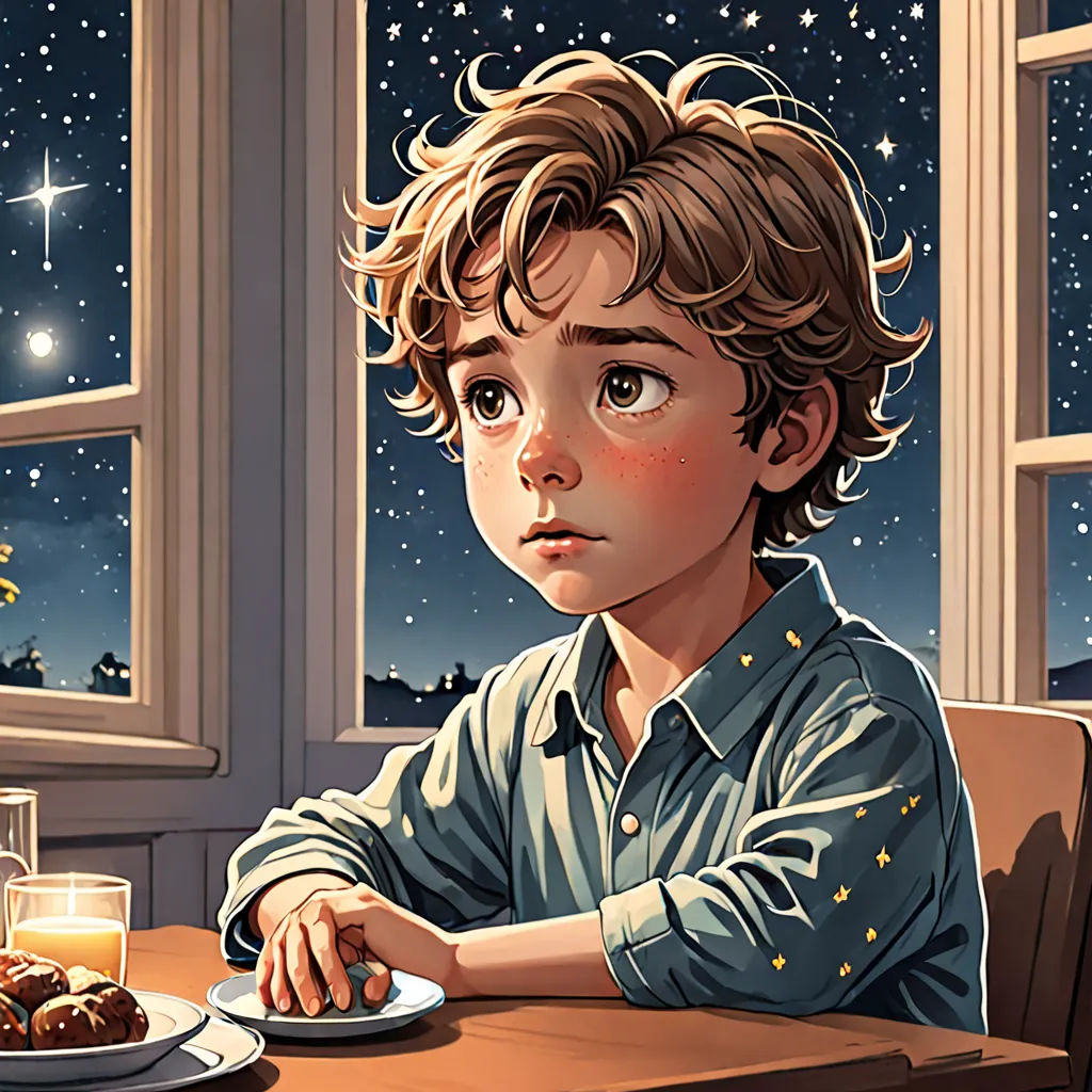 a boy sitting at a table with a plate of food in front of him and a window with stars, space art, a storybook illustration, Diego Gisbert Llorens, trending on art station