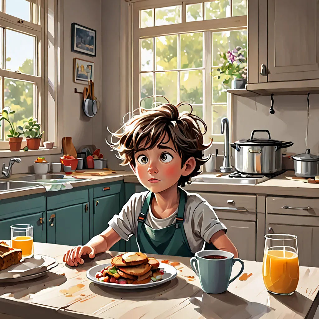 a boy sitting at a table with a plate of food and a cup of orange juice in front of him, american scene painting, a storybook illustration, Aaron Jasinski, storybook illustration