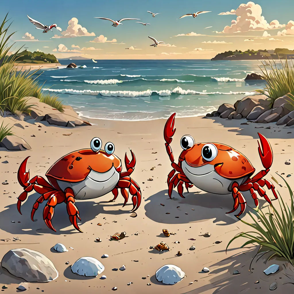 two crabs on the beach with seagulls flying in the background and a bird flying in the sky, lyco art, a storybook illustration, Chris LaBrooy, official art