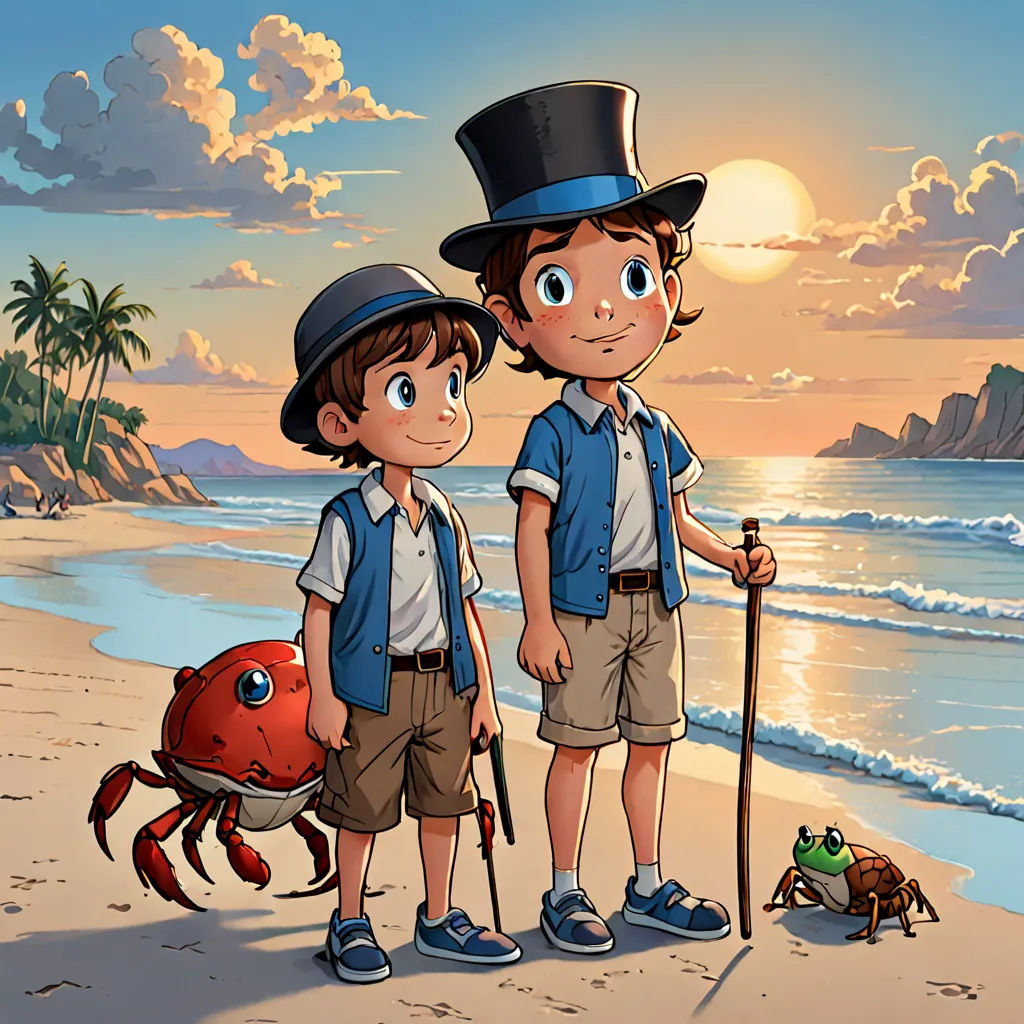 two boys on the beach with a crab and a hat on their heads and a stick in his hand, serial art, a storybook illustration, Diego Gisbert Llorens, promotional image