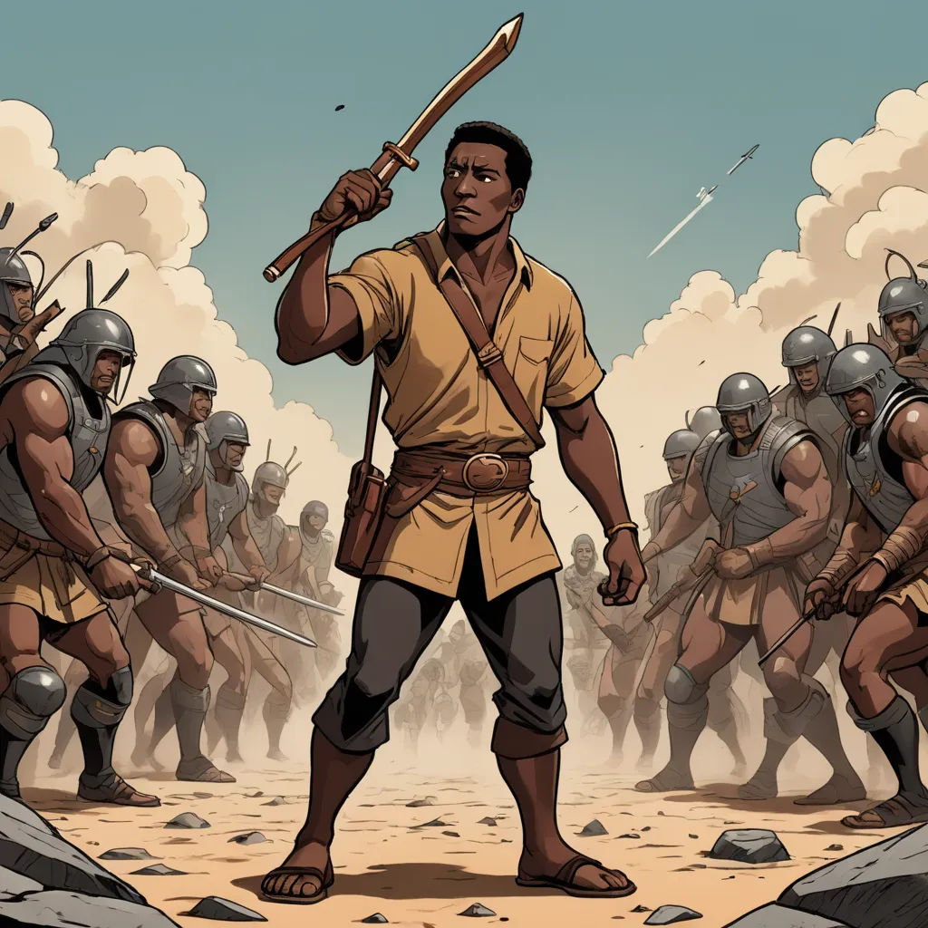a cartoon of a man holding a sword in front of a group of men in armor and helmets,, afrofuturism, a comic book panel, Asaf Hanuka, graphic novel