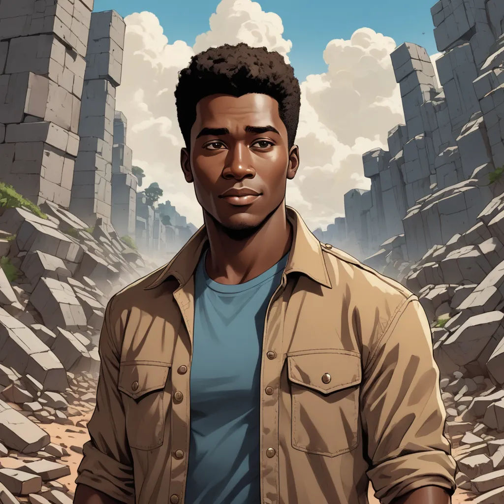 a man standing in a rocky area with a sky background and clouds in the background, with a man in a tan shirt, afrofuturism, a character portrait, Cedric Seaut (Keos Masons), official art