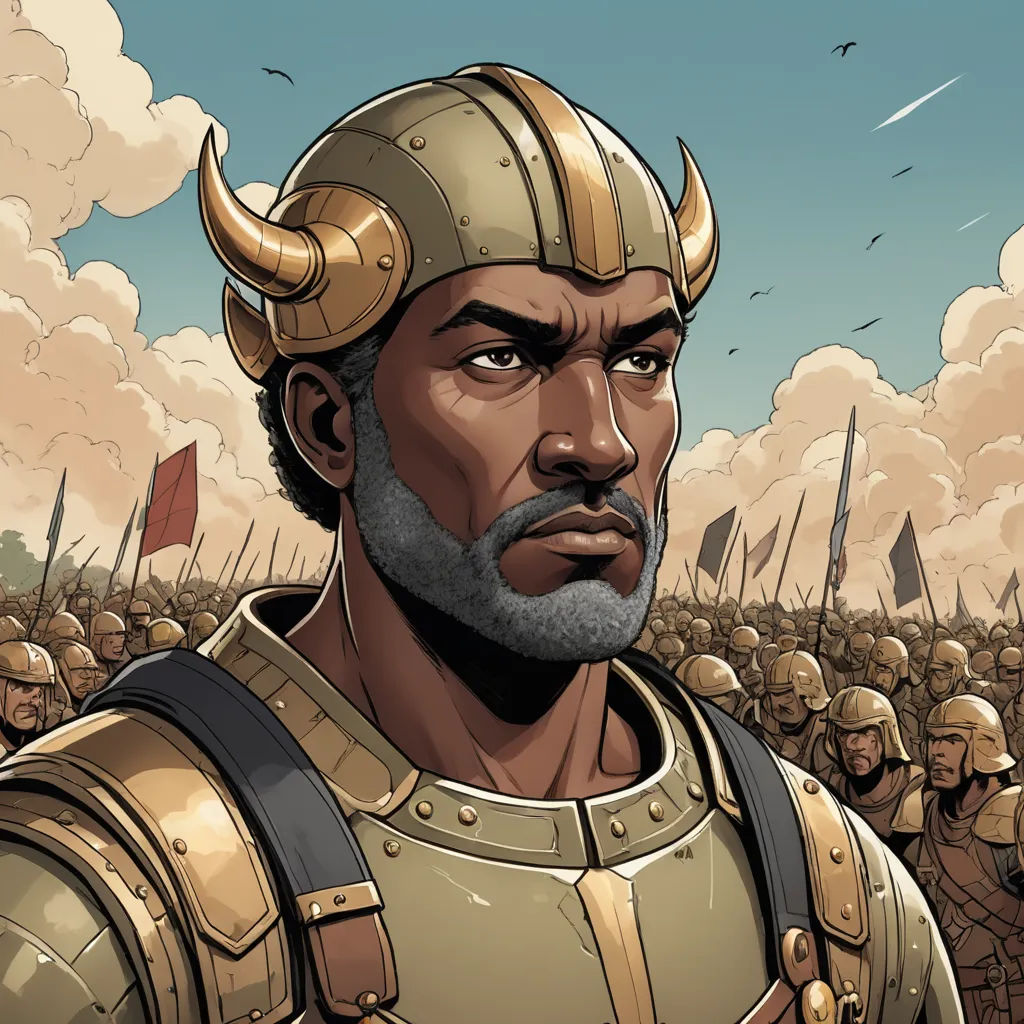 a cartoon of a man in a helmet and armor with a beard and beardlocks standing in front of a crowd of men, afrofuturism, a character portrait, Altoon Sultan, epic fantasy character art