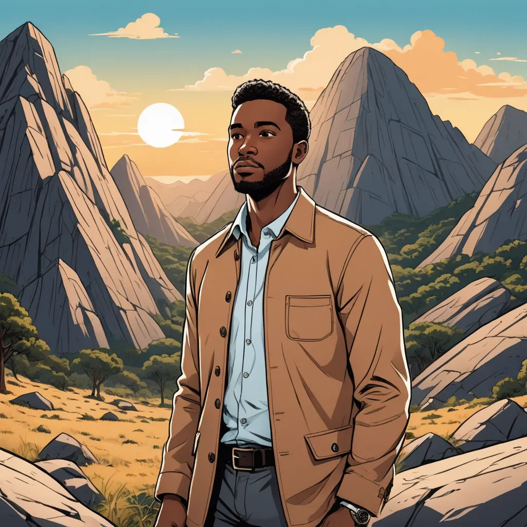 a man standing in front of a mountain with a sunset in the background and a sky background with clouds, serial art, a character portrait, Chris LaBrooy, comic cover art