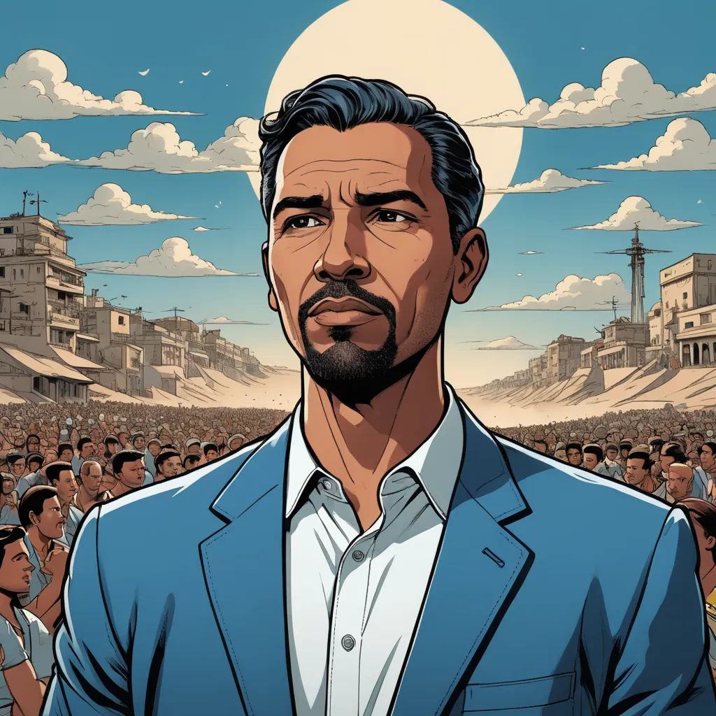 a man in a blue suit standing in front of a crowd of people with a full moon in the background, serial art, a character portrait, Altoon Sultan, graphic novel