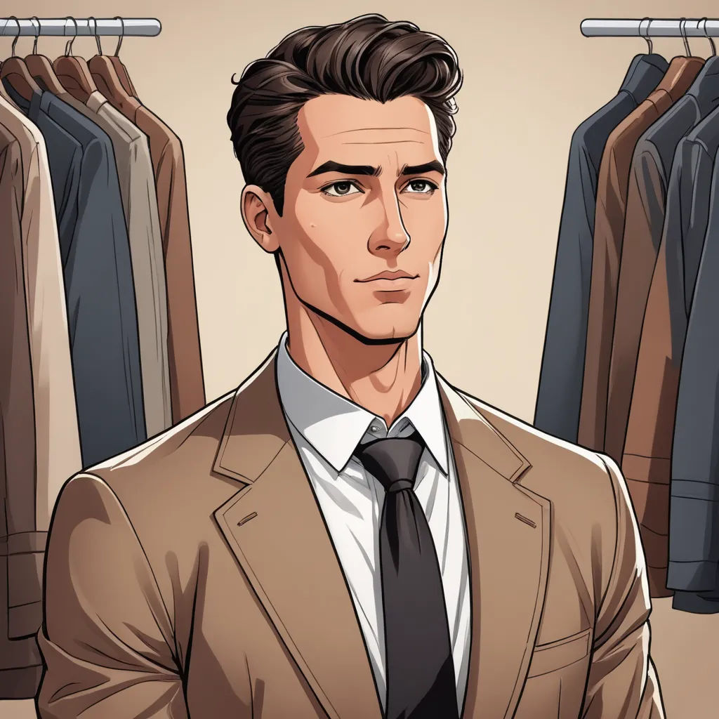 a man in a suit and tie standing in front of a rack of shirts and ties on hangers, sots art, a character portrait, Cedric Seaut (Keos Masons), character portrait