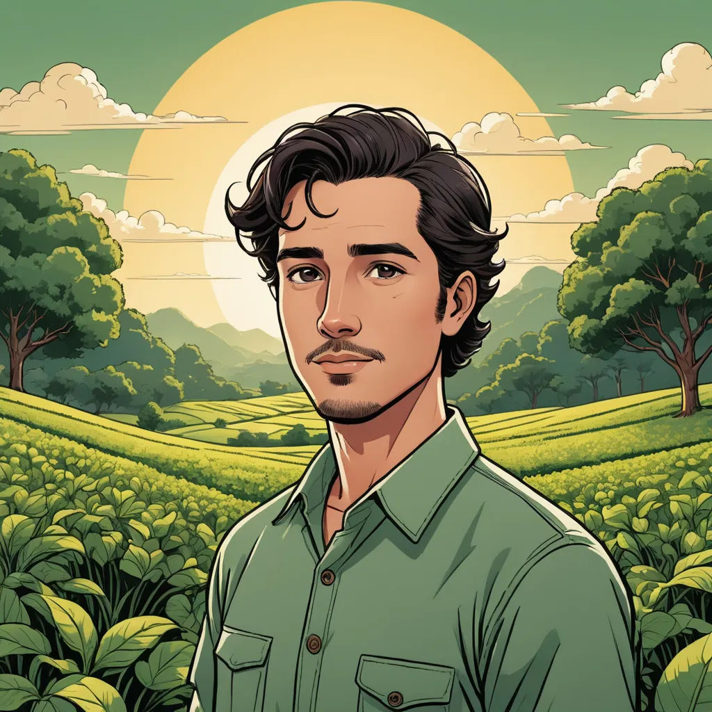 a man standing in a field of green plants with a sunset in the background and trees in the foreground, serial art, a character portrait, Cedric Seaut (Keos Masons), character portrait