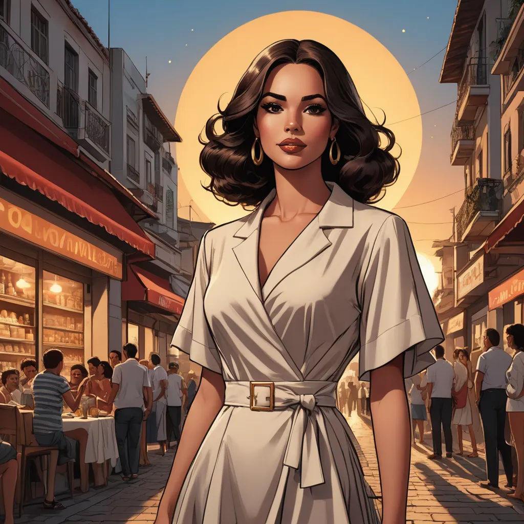 a woman in a dress standing on a street with a crowd of people in the background and a full moon in the sky, serial art, a comic book panel, Edwin Georgi, comic cover art