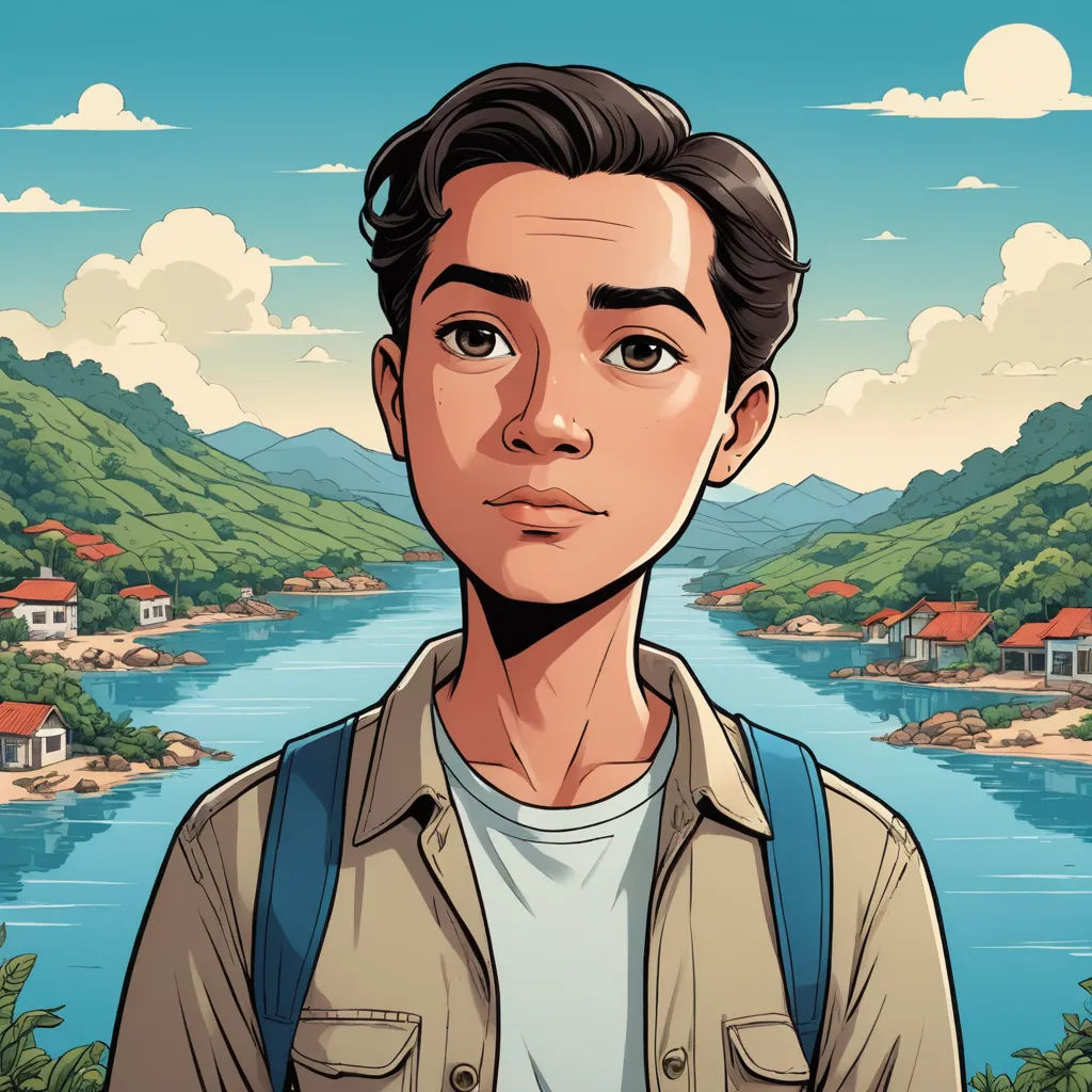 a man with a backpack standing in front of a river and mountains with houses on it, and a blue sky with clouds, serial art, a character portrait, Asaf Hanuka, graphic novel
