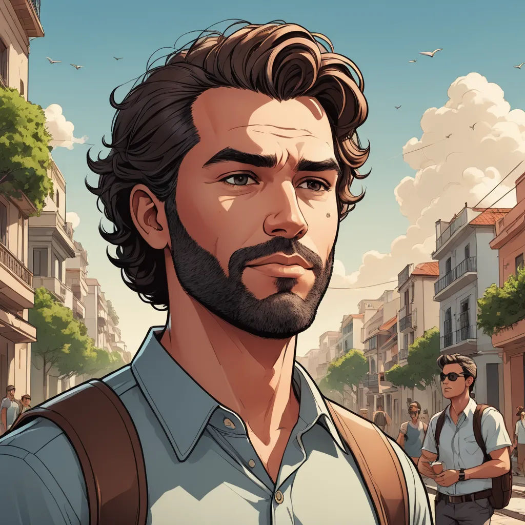 a man with a beard and a backpack on a street with a man in the background looking at the camera, serial art, a character portrait, Cedric Seaut (Keos Masons), character portrait