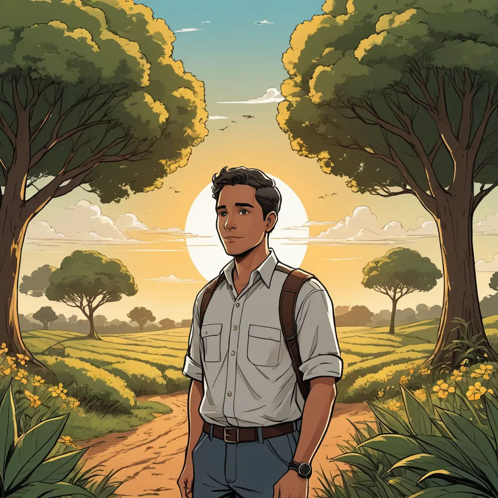 a man standing in a field with trees and a sun in the background with a sky background and a path leading to the trees, serial art, a character portrait, Diego Gisbert Llorens, comic cover art