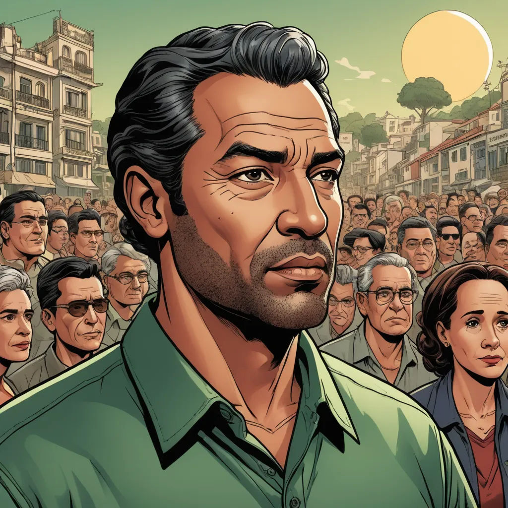 a man in a green shirt is surrounded by a crowd of people in a city with a sun in the background, socialist realism, a comic book panel, Almeida Júnior, promotional image