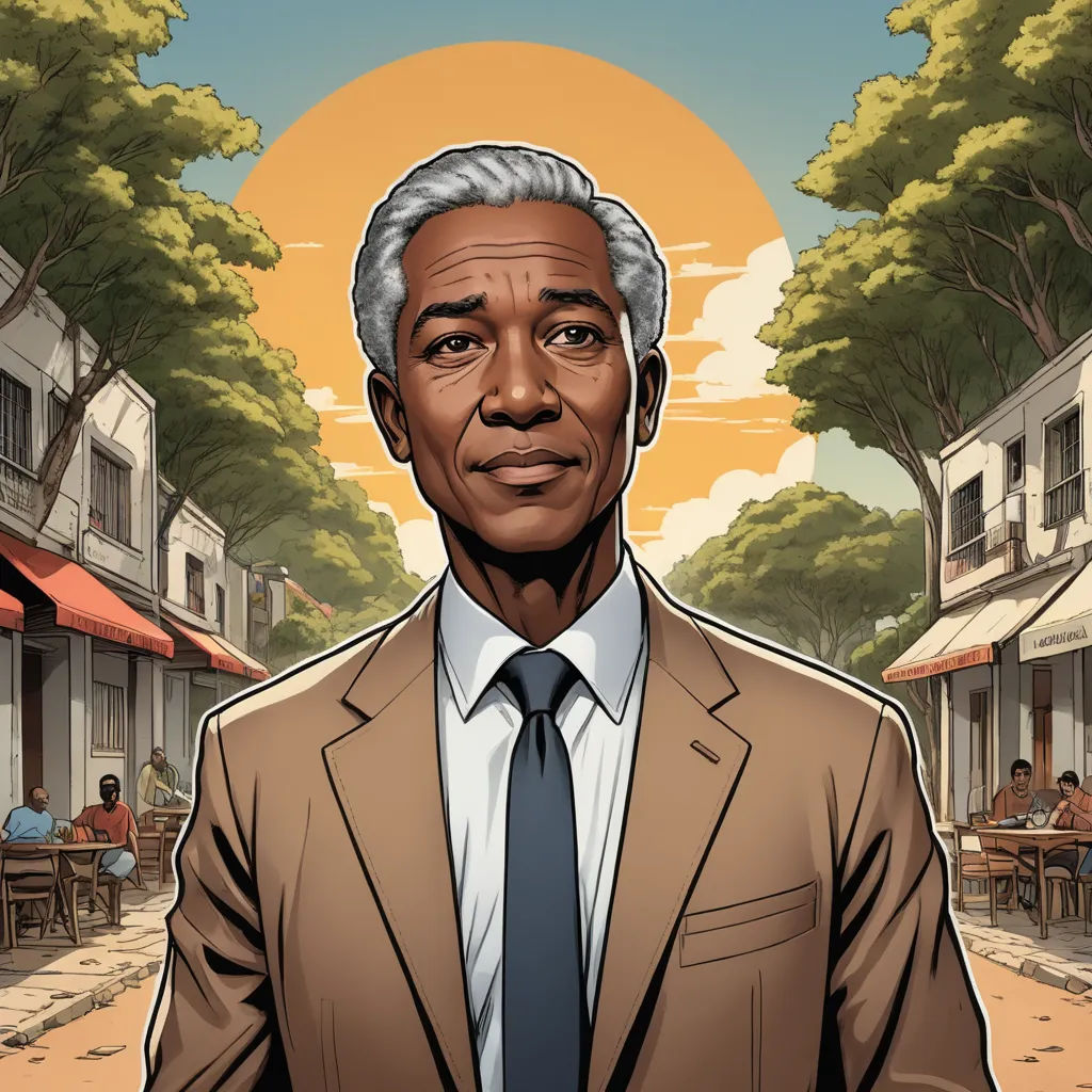 a man in a suit and tie standing in front of a street with a tree and buildings in the background, fantastic realism, a character portrait, Allan Brooks, character portrait