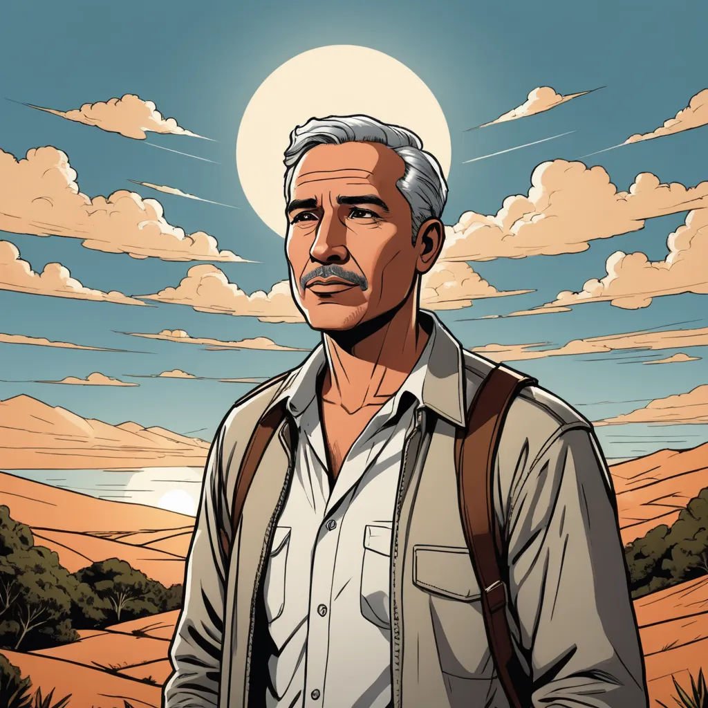 a man with a backpack standing in front of a desert landscape with a full moon in the background and clouds in the sky, serial art, a character portrait, Asaf Hanuka, character portrait