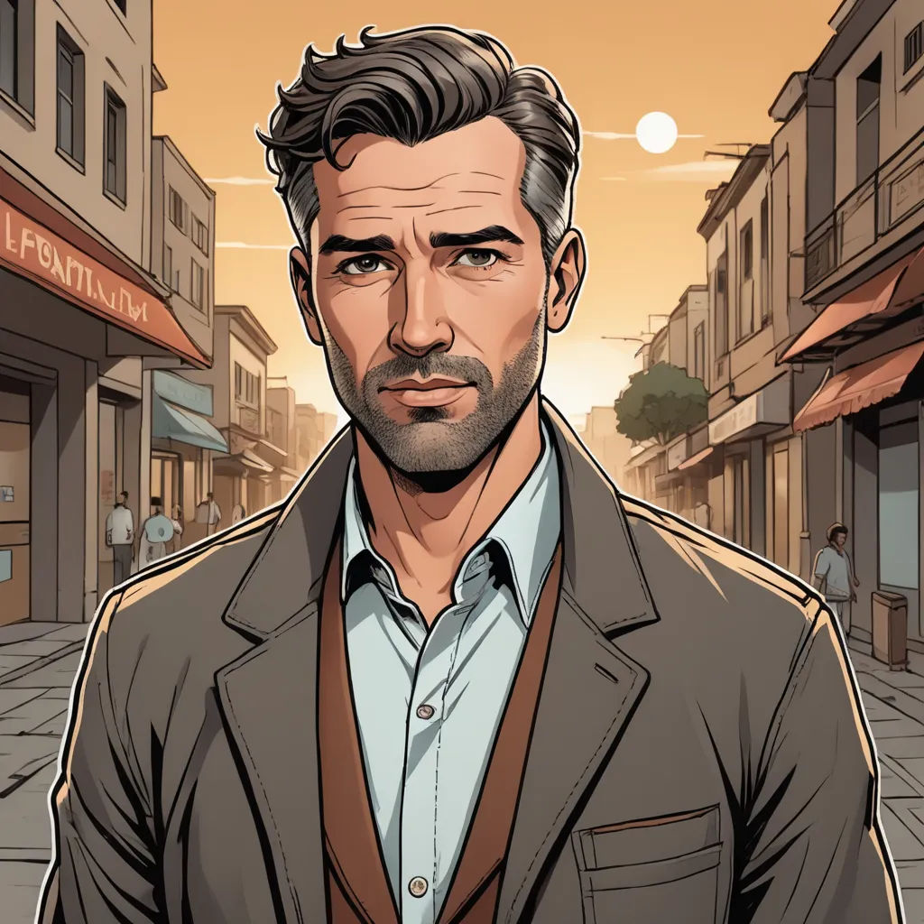 a man in a suit and tie standing in front of a street with buildings and a sunset in the background, serial art, a character portrait, Dean Roger, character portrait