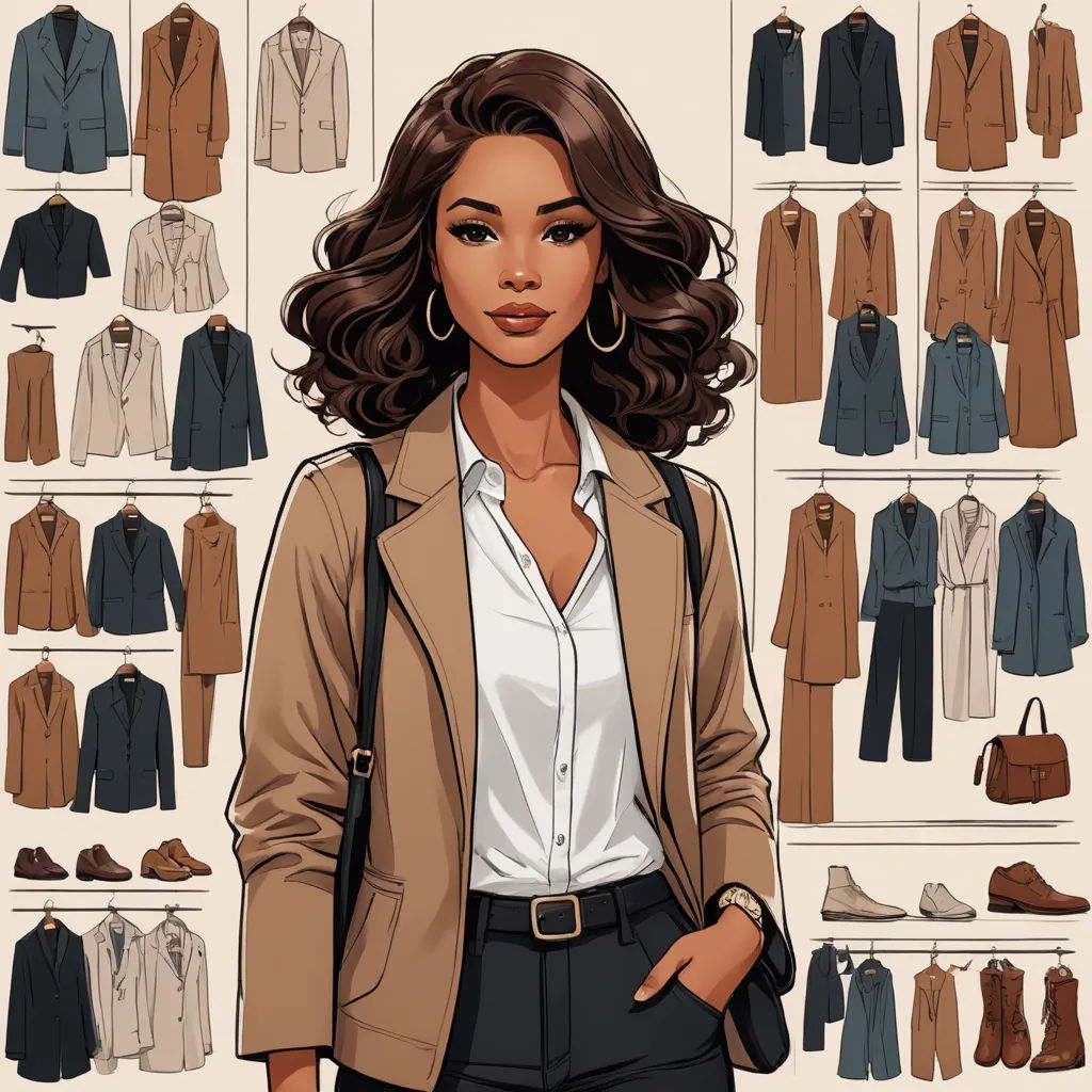 a woman standing in front of a display of clothes and jackets on a wall with a coat rack behind her, figurativism, a character portrait, Constance Gordon-Cumming, neutral colors
