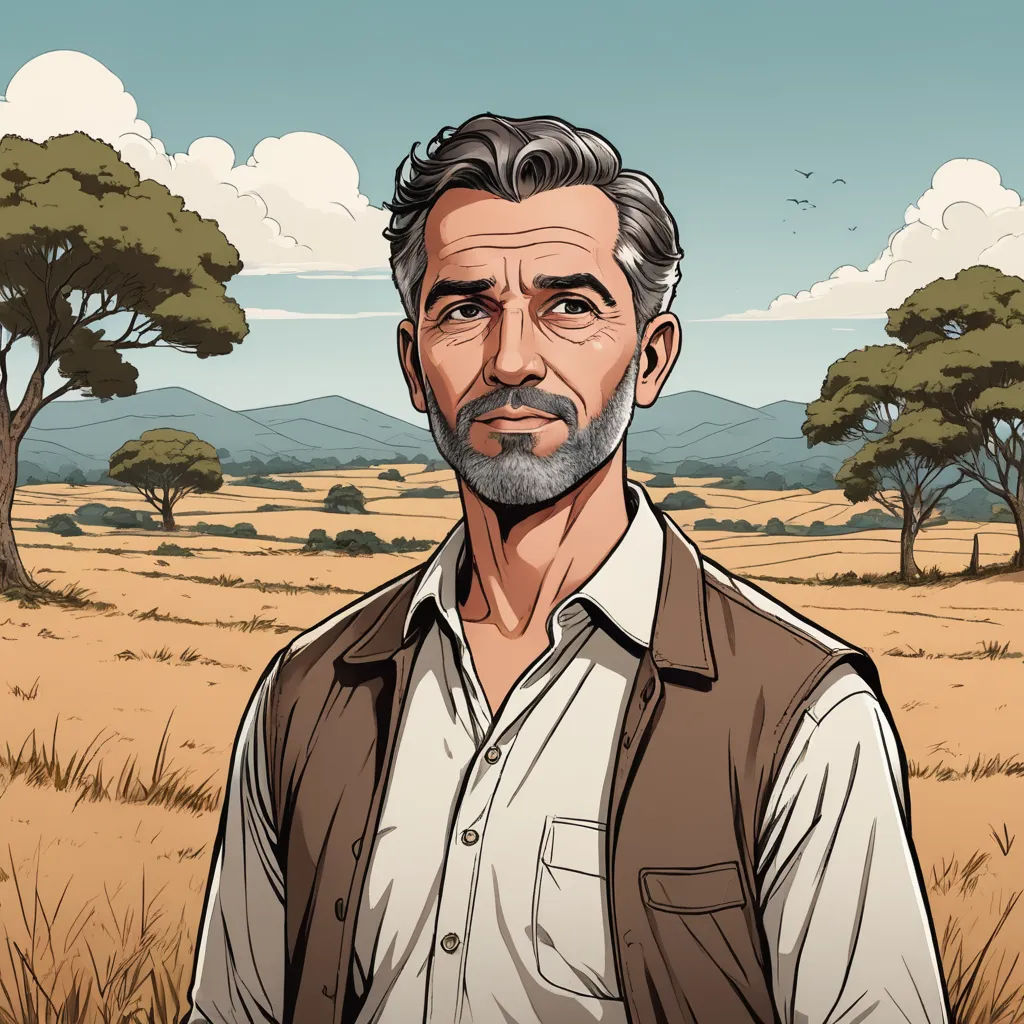 a man standing in a field with trees in the background and a sky with clouds in the background, with a cartoon of a man in the foreground, serial art, a character portrait, Diego Gisbert Llorens, character portrait
