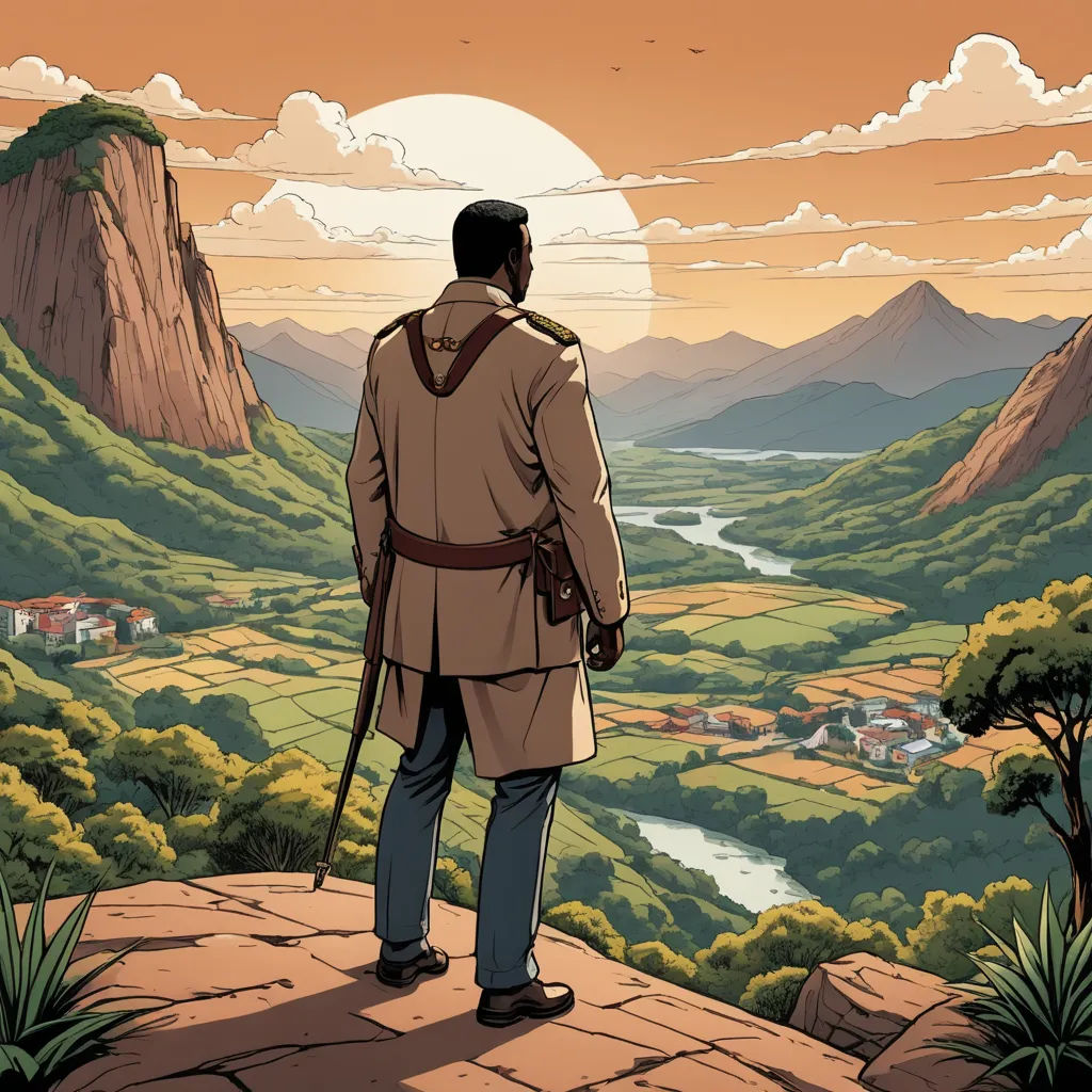 a man standing on a cliff looking at a valley and mountains with a river below him and a sunset in the background, afrofuturism, a character portrait, Chris LaBrooy, comic cover art