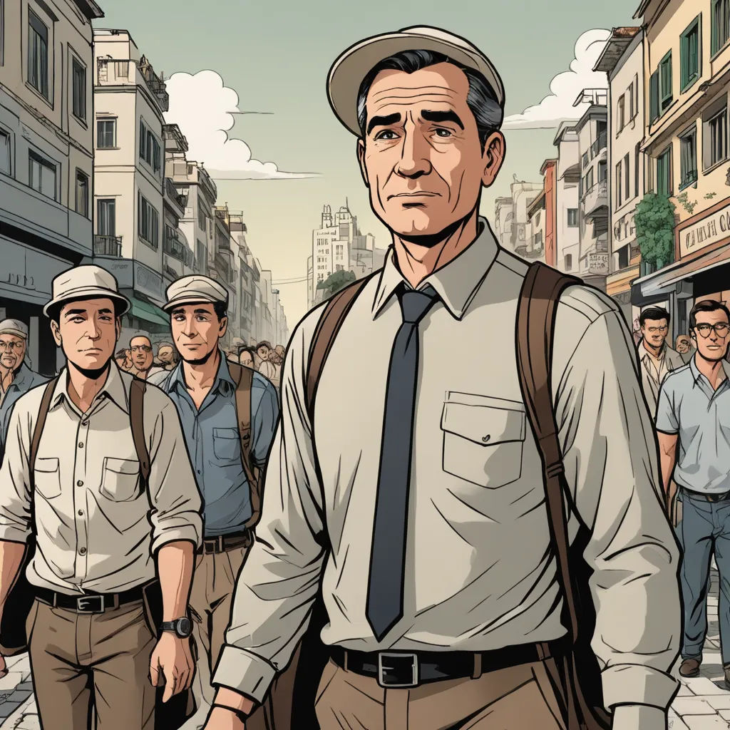 a man in a tie and a backpack walking down a street with a group of people behind him in a cartoon, les automatistes, a character portrait, Asaf Hanuka, graphic novel