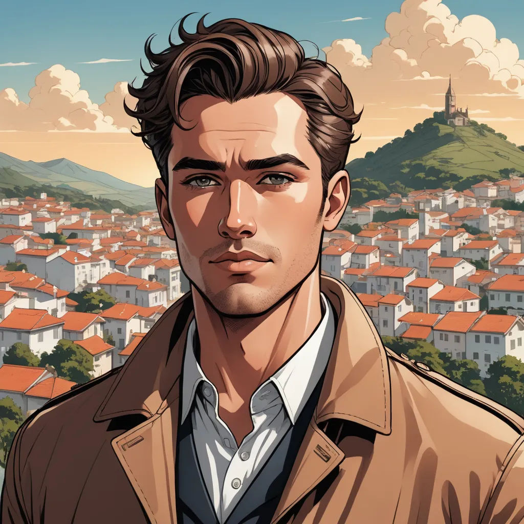 a man in a brown jacket standing in front of a cityscape with a red roof and a hill in the background, aestheticism, a character portrait, Cedric Seaut (Keos Masons), kinkade