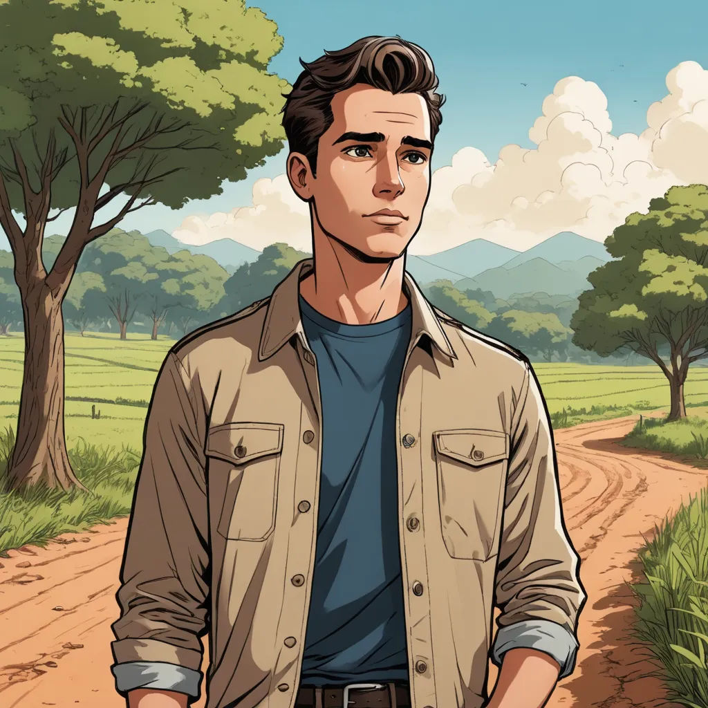 a man standing on a dirt road in front of a field and trees with a sky background and clouds, serial art, a character portrait, Cedric Seaut (Keos Masons), character portrait