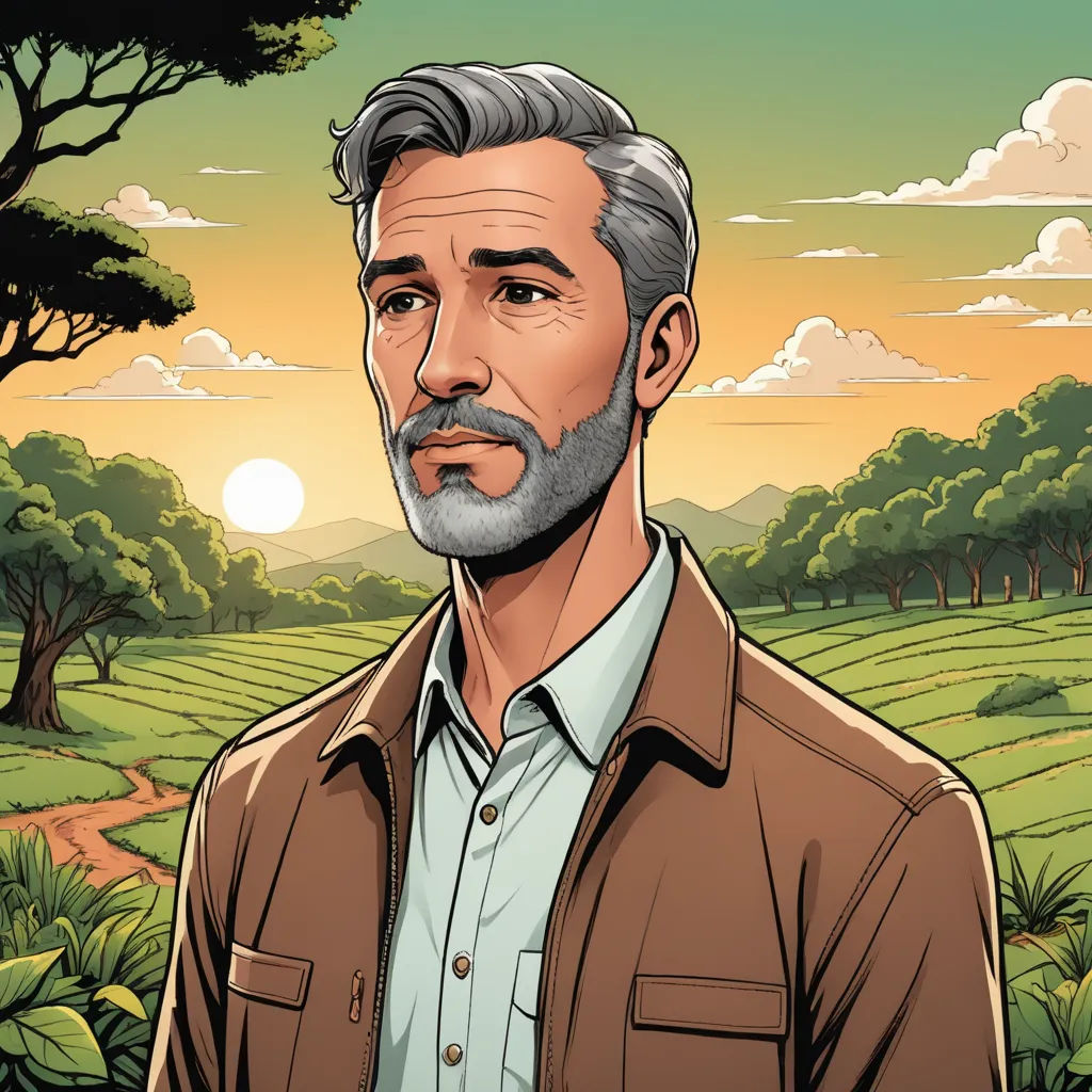 a man with a beard and a beard standing in front of a field with trees and a sunset in the background, private press, a character portrait, Colin Middleton, character portrait