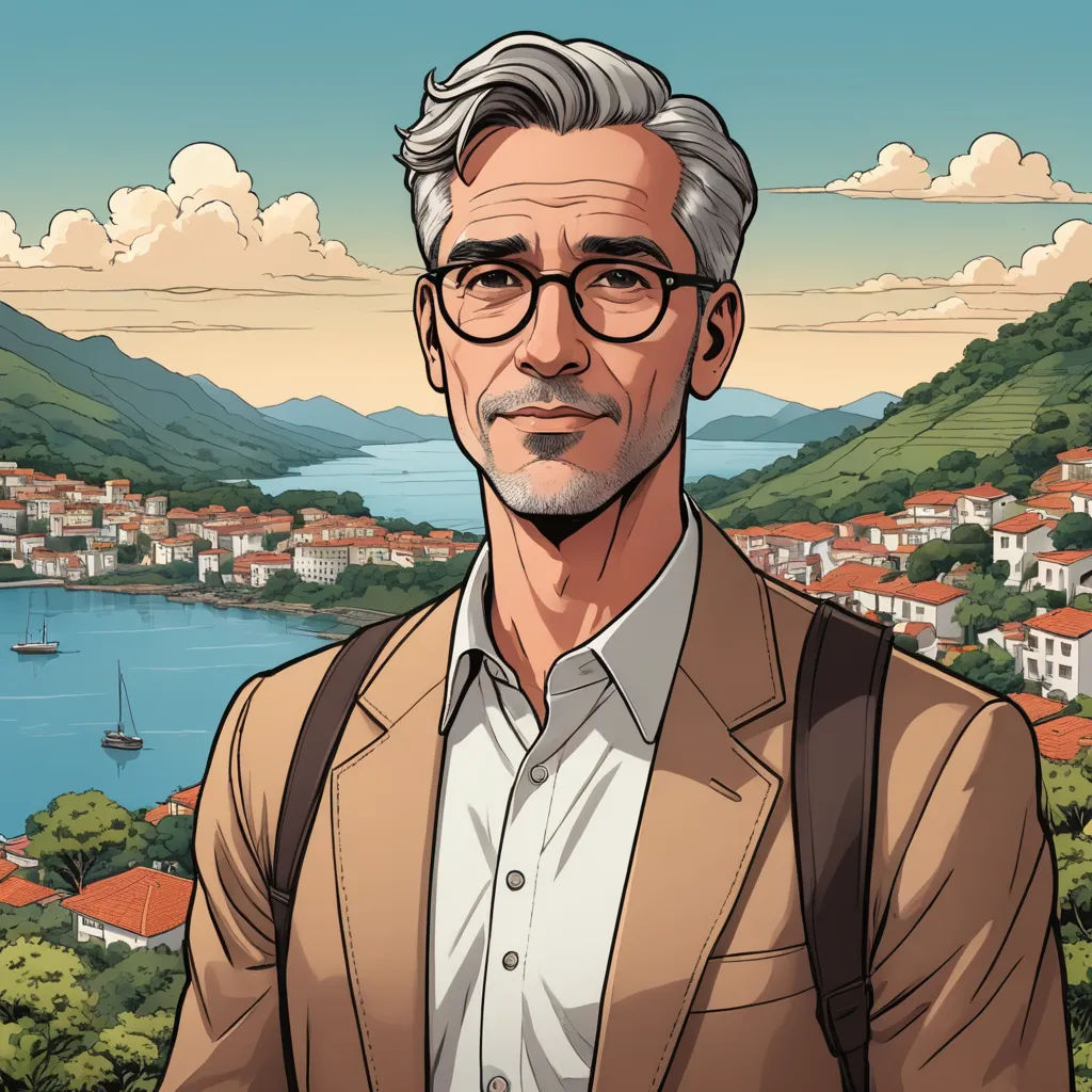 a man with glasses and a suit stands in front of a landscape of a town and a lake with boats, regionalism, a character portrait, Chip Zdarsky, character portrait