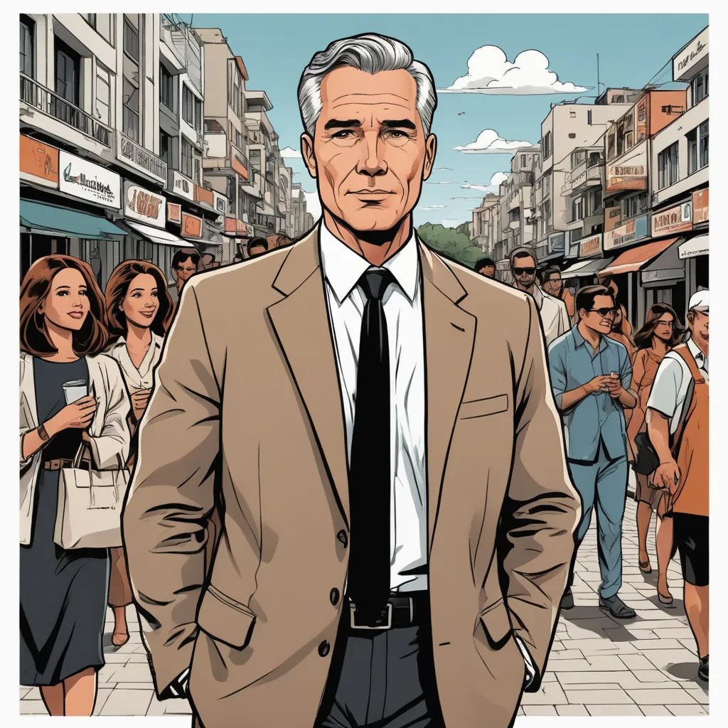 a man in a suit and tie standing in front of a crowd of people on a city street with buildings, figurativism, a character portrait, Constantine Andreou, promotional image