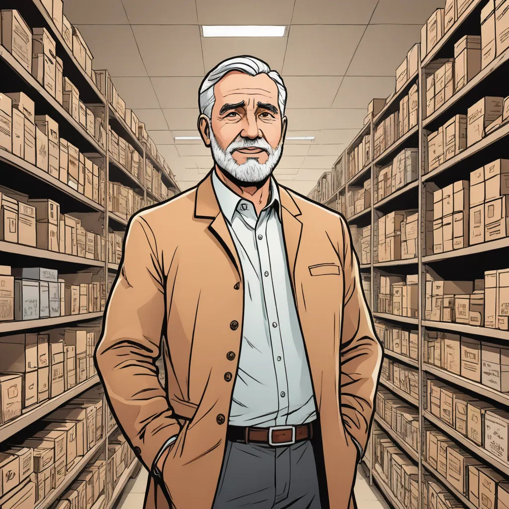 a man standing in a warehouse with a lot of boxes on the shelves behind him and a cartoon of a man in a suit, private press, a character portrait, Edward George Handel Lucas, official art