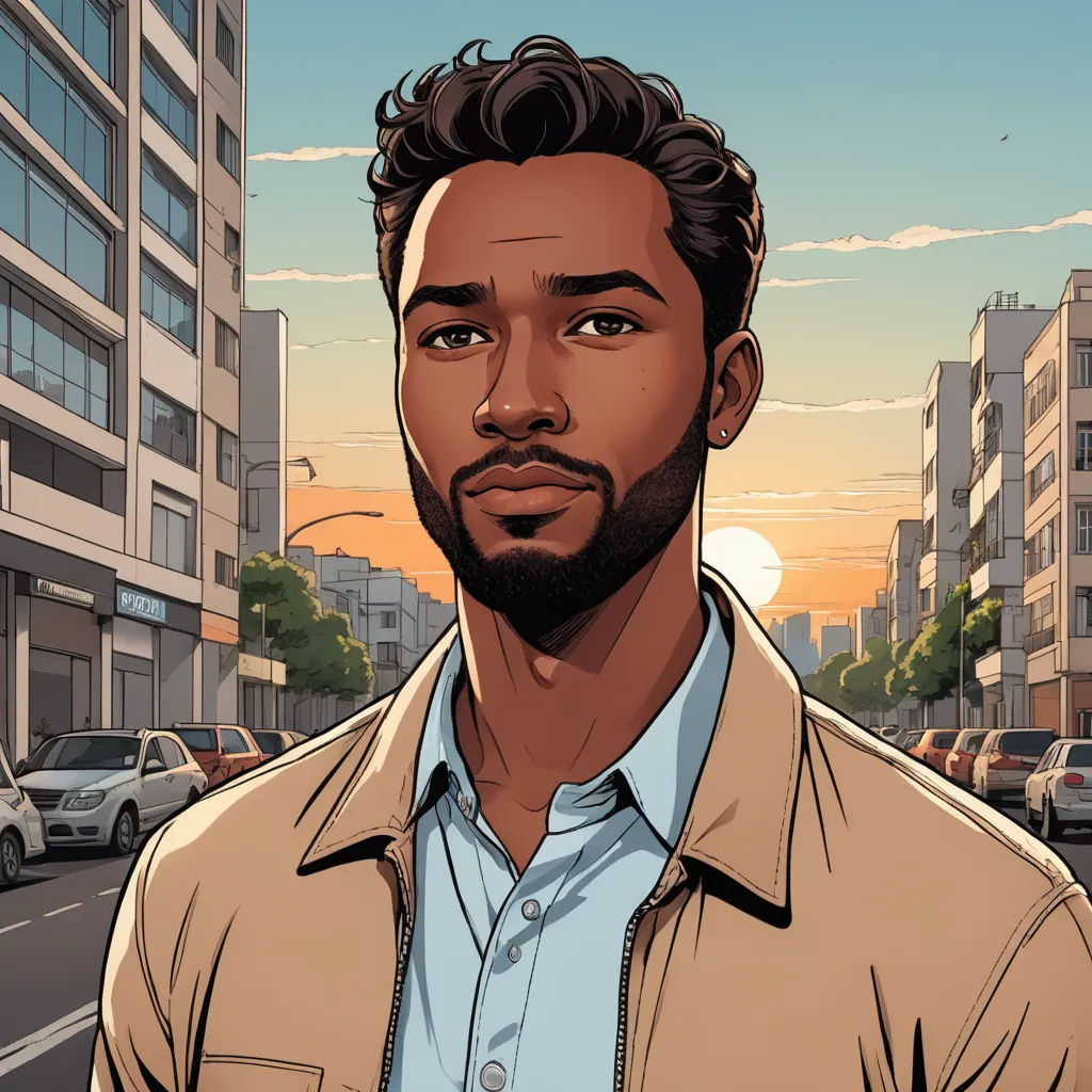 a man standing in front of a city street with buildings and cars in the background, in a cartoon style, serial art, a character portrait, Asaf Hanuka, promotional image