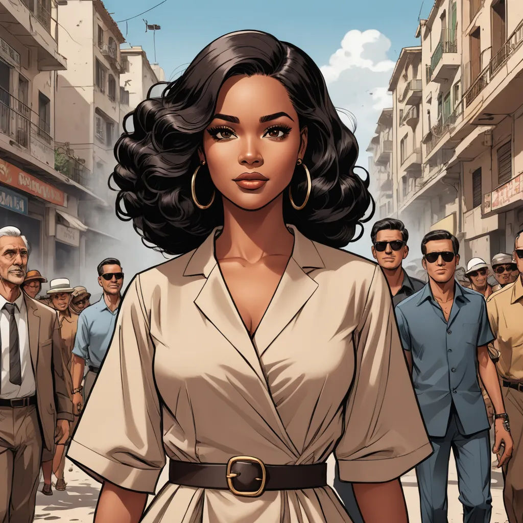 a woman in a dress and some men in the background walking down a street with a woman in a dress, harlem renaissance, a comic book panel, Asaf Hanuka, comic cover art
